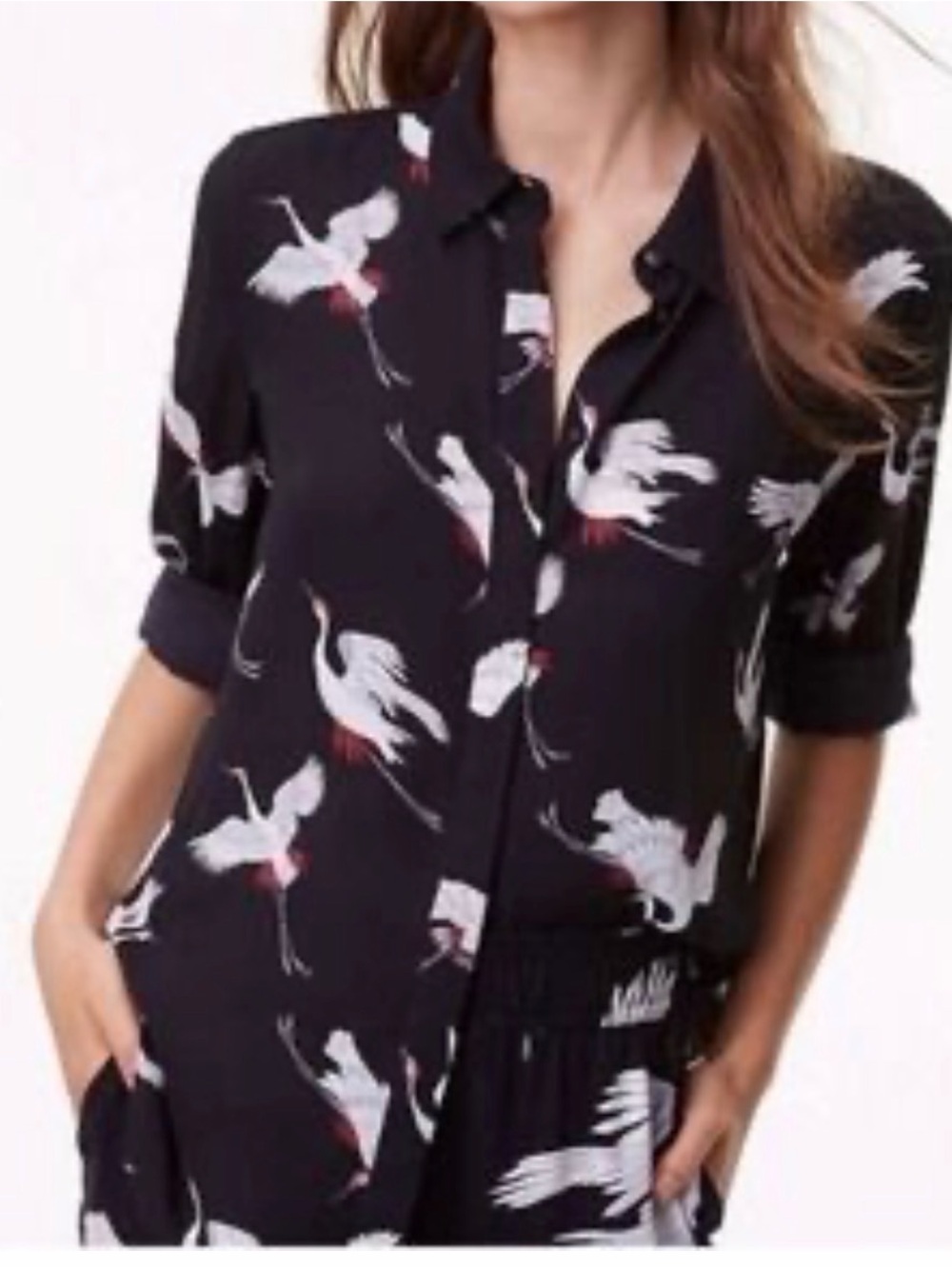 Ann Taylor LOFT Black and White Crane Bird Print Blouse Button Up Sz. M NEW
